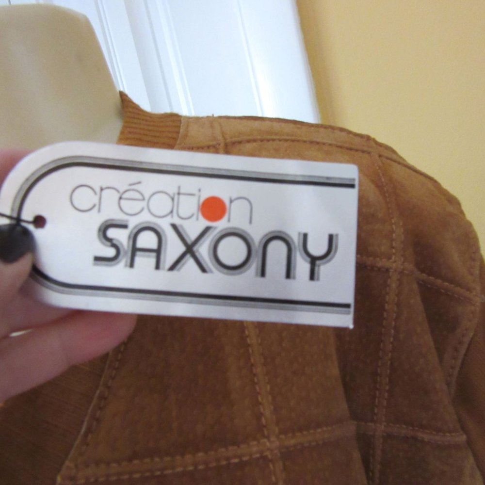 Vintage New w Tags, Saxony Cognac Suede/Leather &Acrylic Sweater in Size L - Picture 4 of 8